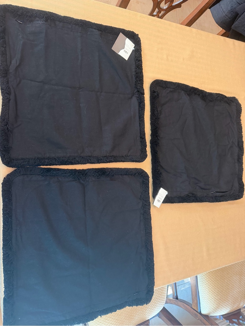 THREE Pottery Barn NWT 18”x18” Linen Cotton Black Fringe Pillows